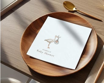 Stork Baby Shower Napkins, Custom Watercolor Stork Delivery, Gender Neutral Baby Party Decor, Personalized Paper Napkin