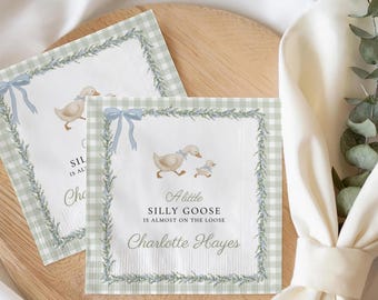 Custom Silly Goose Baby Shower Napkins, Cottagecore Farm Animal Party Decor, Gingham Baby Shower Favors, Personalized Goose Napkin