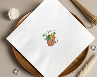 Farmers Market Baby Shower Napkins, Locally Grown Custom Cocktail Napkin, Watercolor Veggie Basket, Little Sprout Party Favors