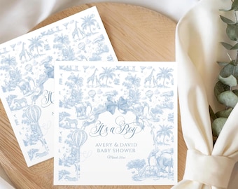 Safari It’s a Boy Baby Shower Napkins, Blue Toile Jungle Animal Party Decor with Elephant Giraffe, Elegant Vintage Shower Theme