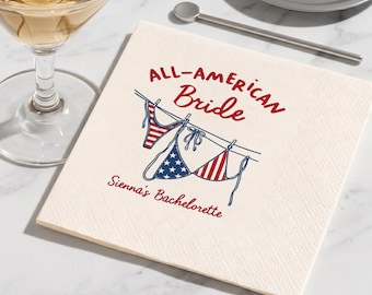 Personalized All American Bride Napkins, Custom Patriotic Bachelorette Cocktail Napkin, 4th of July Bridal Party Decor Favors