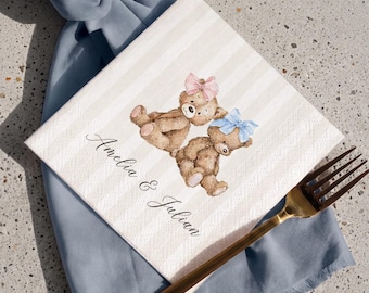 Twin Teddy Bear Baby Shower Napkins, Pink and Blue Bow Gender Reveal, Boy or Girl Custom Cocktail Napkin, Twin Party Decor