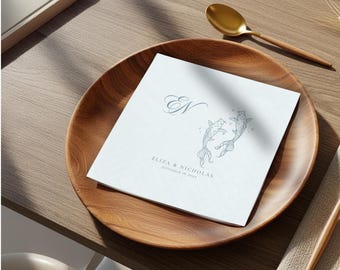 Custom Koi Fish Wedding Napkins, Personalized Monogram Cocktail Napkin, Chinoiserie Chic Party Decor, Elegant Blue Line Art Favors