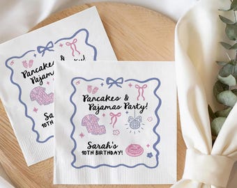 Custom Pancakes And Pajamas Party Napkins, Sleepover Birthday Decor, Coquette Bow Disco Cocktail Napkin, Personalized Pajama Party Favor