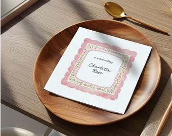Custom Pink Scalloped Napkins, Floral Border Cocktail Napkin, Girls Birthday Decor, Baby Shower Favors, Garden Tea Party