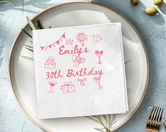 Custom Birthday Napkins, Personalized Disco Party Decor, 30th Birthday Decorations for Her, Dirty 30 Cocktail Napkins, Birthday Cake Favors