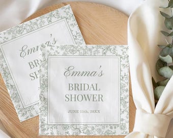 Custom Sage Green Floral Bridal Shower Napkins, Botanical Garden Party Decor, Personalized Toile Wedding Cocktail Napkin