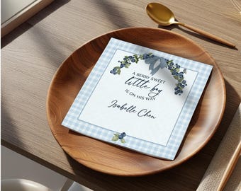 Custom Berry Sweet Baby Shower Napkins, Blue Gingham Boy Shower Decor, Blueberry Theme Party, Personalized Gender Reveal Favors