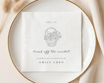 Fresh Off The Market Bridal Shower Napkins, Farmers Market Engagement Party Decor, Custom Cocktail Napkin, Flower Basket Line Art