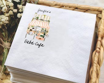 Custom French Cafe Baby Shower Napkins, Parisian Patisserie Party Decor, Watercolor Cocktail Napkin, Personalized Birthday Tea Party