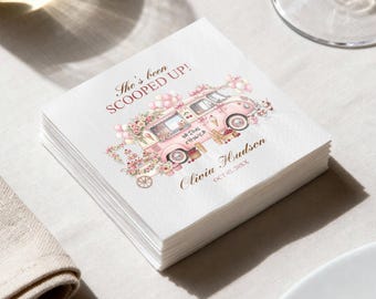 Scooped Up Bridal Shower Napkins, Ice Cream Truck Custom Cocktail Napkin, Pink Floral Engagement Party Decor Personalized