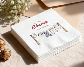 Baseball Baby Shower Napkins, Little Champ Is On The Way, Sports Boy Party Decor, Custom Clothesline Paper Napkins