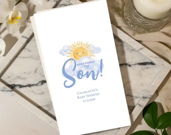 Here Comes the Son Baby Shower Napkins, Sunshine Boy Shower Decor, Cute Sun Theme Party Napkin, Watercolor Baby Shower