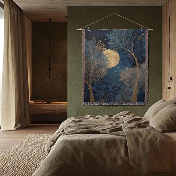 Moonlit Night Trees Woven Blanket, Nature Inspired Throw Blanket, Celestial Wall Hanging, Spiritual Meditation, Cozy Home Decor Blanket