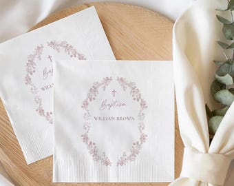 Elegant Baptism Napkins, Custom Christening Cocktail Napkin, Floral Wreath Cross Crest, Personalized First Communion Party Favors
