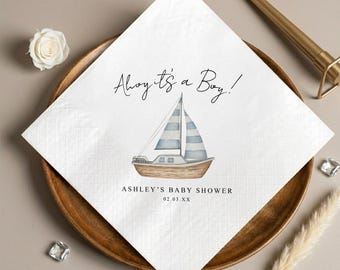 Personalized Ahoy It's a Boy Napkins, Nautical Sailboat Baby Shower Decor, Custom Boy Baby Shower Napkin, Blue Coastal Party Favors