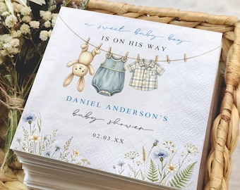 Sweet Baby Boy Shower Napkins, Custom Clothesline Bunny Cocktail Napkin, Blue Wildflower Decor
