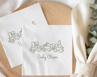 Custom Safari Train Baby Shower Napkins, ABC Blocks Animal Line Art Decor, Sage Green Gender Neutral Party Paper Napkin
