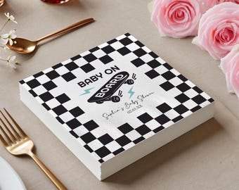 Custom Baby On Board Napkins Skateboard Checkerboard Personalized Skater Baby Shower Retro Birthday Party Decor