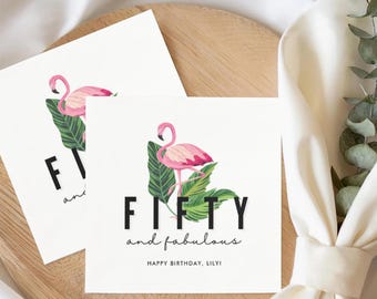 Fifty and Fabulous Birthday Napkins, Flamingo Tropical Birthday Decorations, Custom 50th Birthday Party Supplies, Pink Flamingo Napkins