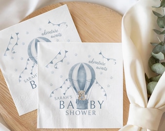 Custom Baby Shower Napkins, Teddy Bear Hot Air Balloon, Adventure Awaits, Blue Watercolor Boy Party Decor