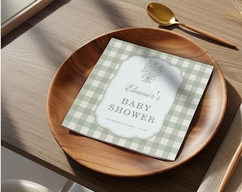 Custom Sage Green Gingham Baby Shower Napkins, Rustic Floral Cottagecore Party Decor, Personalized Garden Cocktail Napkin