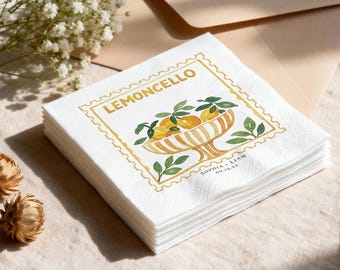 Custom Limoncello Stamp Napkins, Lemon Cocktail Napkin, Italian Summer Bridal Shower Decor, Amalfi Coast Wedding, Personalized Favors