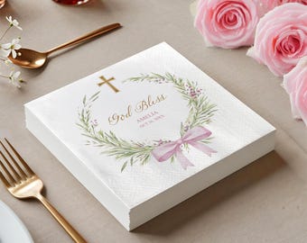 Custom Baptism Napkins Personalized God Bless Design, Christening Party Decor, Baby Shower Religious Napkins, First Communion Favor