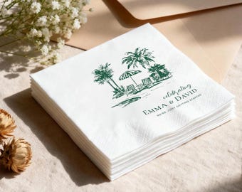 Custom Destination Wedding Napkins, Vintage Palm Tree Pool Party Cocktail Napkin, Tropical Resort Engagement Decor, Cabana Club