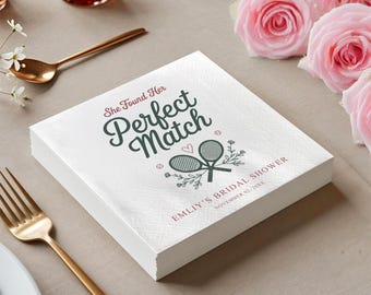 Perfect Match Tennis Bridal Shower Napkins, Custom She Found Her Perfect Match Paper Napkin, Tennis Theme Engagement Party Decor