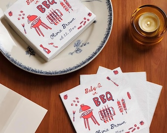Custom Baby-Q Napkins, BBQ Baby Shower Decor, Backyard Barbecue Couples Shower, Personalized Summer Baby Q Party Favors