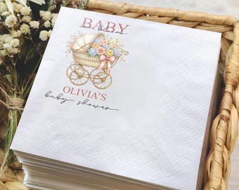 Custom Baby In Bloom Baby Shower Napkins, Floral Baby Carriage Cocktail Napkin, Vintage Stroller Girl Shower Decor