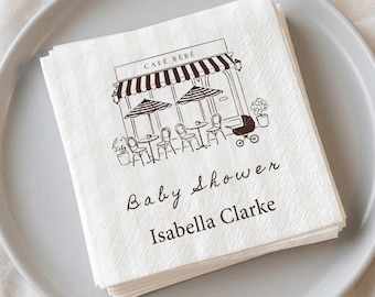 Cafe Bebe Baby Shower Napkins, French Parisian Cafe Custom Cocktail Napkin, Neutral Line Art Party Decor, Personalized Favors