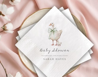 Mama Goose Baby Shower Napkins, Custom Watercolor Duckling Cocktail Napkin, Green Bow Farm Theme Party Decor, Gender Neutral Favor