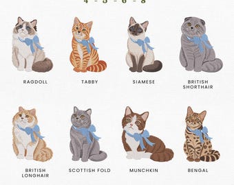 Coquette Bow Cat Breed Bundle Pet Cats Embroidery Instant Download, 4x4 hoop, Tabby Bengal Siamese Machine Embroidery, Manual Digitizing