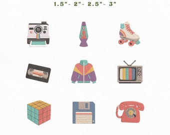 Retro 80s Mini Icons Bundle Embroidery Instant Download, Vintage 80s Embroidery Bundle Machine Embroidery Files, Manual Digitizing