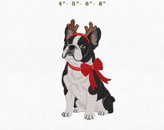 Boston Terrier Dog Christmas Dog Embroidery Instant Download, Reindeer Puppy Machine Embroidery Files, Manual Digitizing
