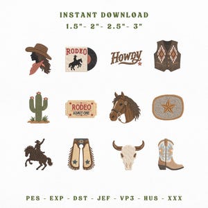 Puede incluir: Una colección de doce diseños de bordado a máquina con temática western que incluye un sombrero de vaquero, un disco de rodeo, el texto Howdy, un chaleco, un cactus, un boleto, una cabeza de caballo, una hebilla, un jinete, chaparreras, un cráneo y una bota.