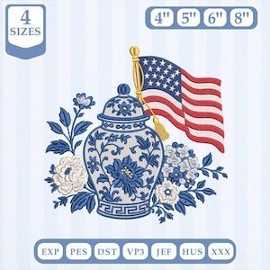 Puede incluir: Diseño bordado con un jarrón floral azul y blanco, una bandera estadounidense y detalles florales. El diseño incluye el texto "4 TAMAÑOS" y opciones de tamaño de 10 cm, 13 cm, 15 cm y 20 cm.