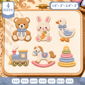 May include: Six embroidered patches featuring a brown teddy bear with a blue bow, a white rabbit holding a carrot, a white duck with a blue bow, a blue and yellow train, a white rocking horse, and a colorful stacking ring toy, available in 1.5"-2"-2.5"-3" sizes.
