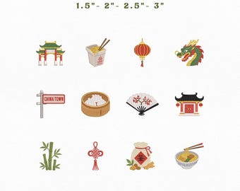 Chinatown Mini Icons Bundle Embroidery Instant Download, Chinese Culture Embroidery Bundle Machine Embroidery Files, Manual Digitizing