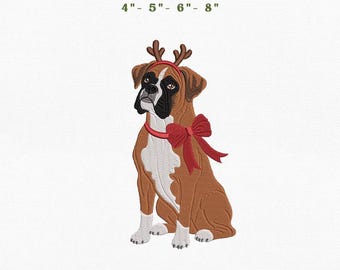 Boxer Christmas Dog Embroidery Instant Download, 4x4 Hoop Reindeer Puppy Machine Embroidery Files, Manual Digitizing