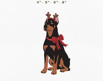 Doberman Pinscher Christmas Dog Embroidery Instant Download, 4x4 Hoop Reindeer Puppy Machine Embroidery Files, Manual Digitizing