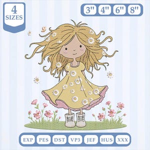 Playful Child with Flower Bed Delicate Design, Light Fill, Quick Stitch, Machine Embroidery Design, 4x4 5x7 embroidery, Instant Download