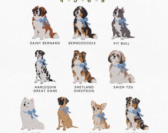 Dog Breed with Blue Bow Embroidery Instant Download, 4x4 Hoop Pet Embroidery Bundle Machine Embroidery Files, Manual Digitizing