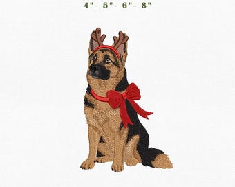 German Shepherd Christmas Dog Embroidery Instant Download, Reindeer Puppy Machine Embroidery Files, Manual Digitizing