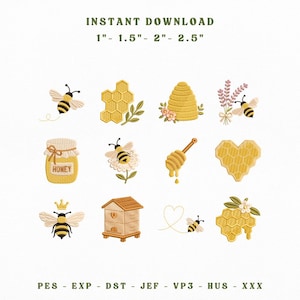 May include: A digital embroidery design set featuring twelve bee and honey-themed icons including bees, honeycombs, a hive, a honey dipper, and a jar labeled HONEY. Text reads INSTANT DOWNLOAD 1"- 1.5"- 2"- 2.5" and file formats PES, EXP, DST, JEF, VP3, HUS, XXX.