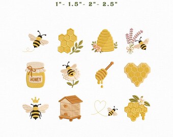 Honey Bee Mini Icons Bundle Embroidery Instant Download, Bee Aesthetic Embroidery Bundle, Manual Digitizing