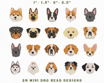Set of 20 Dog Head Embroidery Dog Face Instant Download, Mini Dog Tiny Art Machine Embroidery Files, Pet Lover Bundle, Manual Digitizing