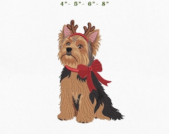 Yorkshire Terrier Christmas Dog Embroidery Instant Download, 4x4 Hoop Reindeer Puppy Machine Embroidery Files, Manual Digitizing